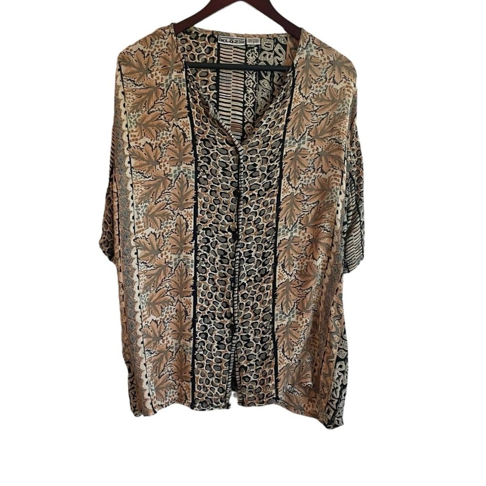 Vintage Kloz Women Boho Retro Button Up Tunic Top L Tan Leopard Mixed‎ Print